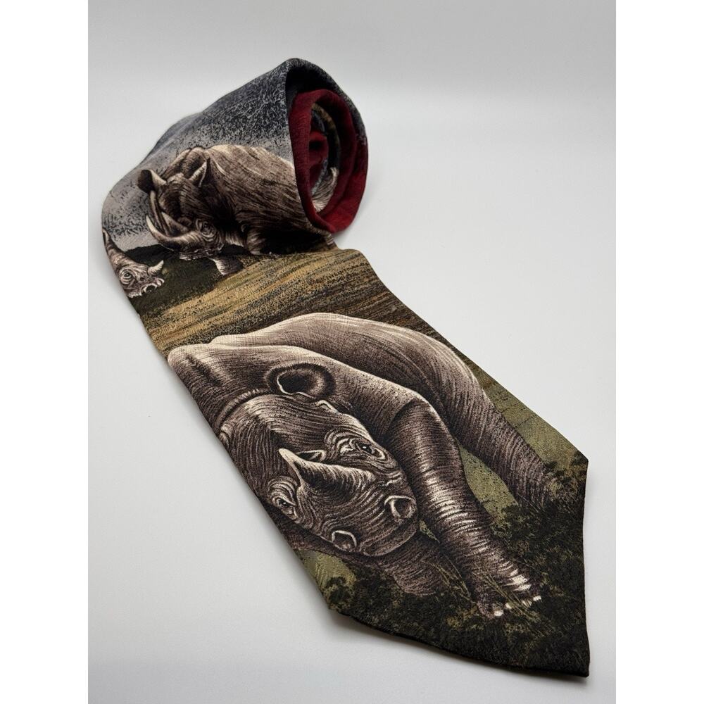 Endangered Species Rhinoceros Rhino Silk Tie Made in USA Vintage Africa Safari